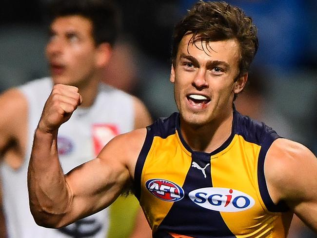 PERTH, AUSTRALIA - AUGUST 12: Luke Partington of the Eagles celebrates a goal during the 2017 AFL round 21 match between the West Coast Eagles and the Carlton Blues at Domain Stadium on August 12, 2017 in Perth, Australia. (Photo by Daniel Carson/AFL Media/Getty Images)