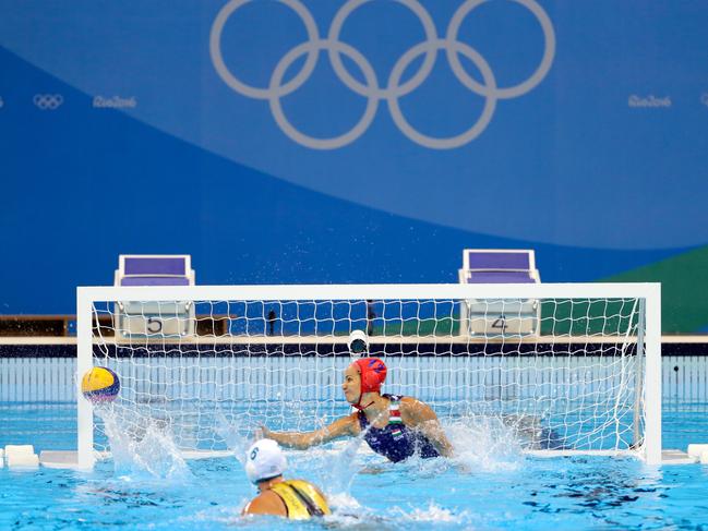 A shot by Bronwen Knox #6 of Australia against goalkeeper Orsolya Kaso #13 of Hungary hits the post during a shootout in their Women’s Water Polo quarterfinal match at the Rio 2016 Olympic Games on August 15, 2016 in Rio de Janeiro, Brazil. (Photo by Jamie Squire/Getty Images)