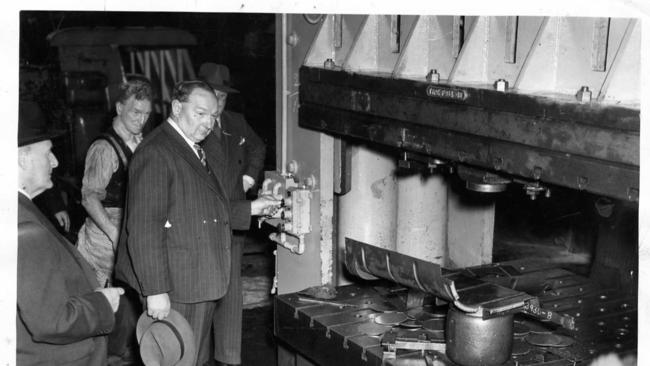 Premier Thomas Playford inspects the Chrysler Dodge factory at Keswick, July 1950. Picture: Horwood