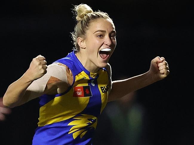 PERTH, AUSTRALIA - AUGUST 30: Jess Hosking of the Eagles celebrates a goal during the round one AFLW match between West Coast Eagles and Richmond Tigers at Mineral Resources Park, on August 30, 2024, in Perth, Australia. (Photo by Paul Kane/AFL Photos/via Getty Images)