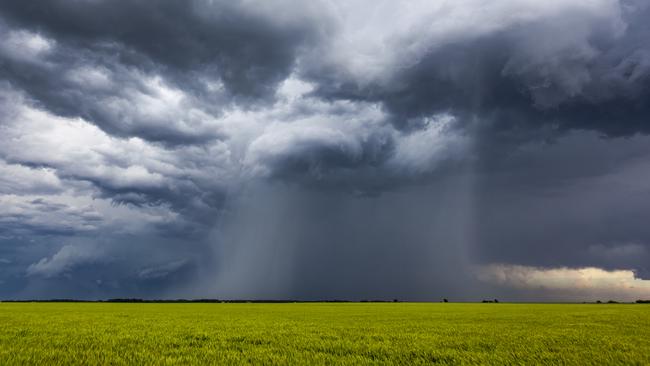 Rotating, threatening cumulonimbus storm clouds with rain-shaft over farmland. Horizontal, copy space.