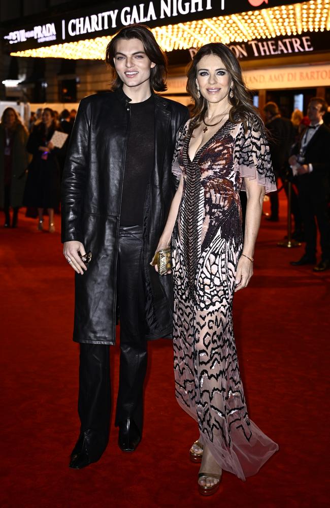 Mother and son lookalikes Damian and Elizabeth Hurley went glam at the London premiere of ‘The Devil Wears Prada: The Musical’. Picture: Gareth Cattermole/Getty Images