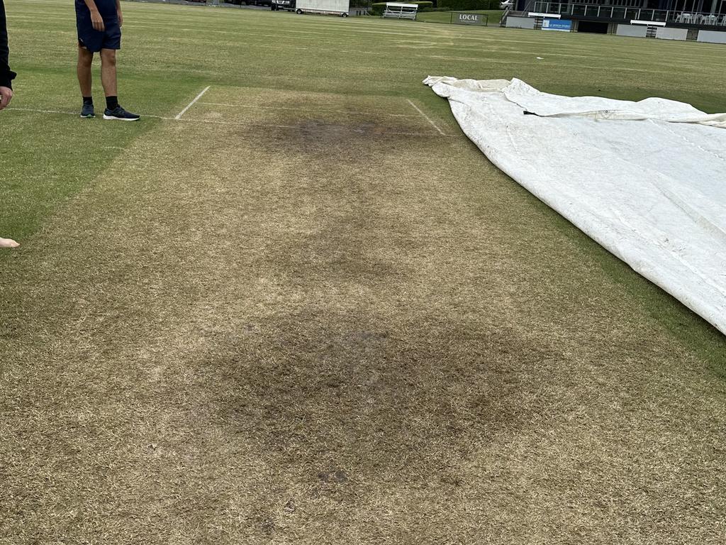 Water had leaked through the damaged covers at Burleigh cricket club's home ground Liberty Finance Oval, leaving the pitch to be unplayable. Picture: Jake Garland