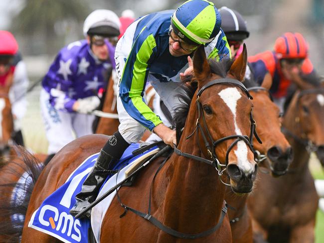 MELBOURNE, AUSTRALIA - JUNE 01: Dwayne Dunn riding Bam's On Fire wins Race 6, QMS Media Handicap to bring up his fourth win for the day during Melbourne Racing at Caulfield Racecourse on June 01, 2019 in Melbourne, Australia. (Photo by Vince Caligiuri/Getty Images)