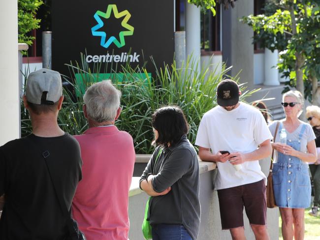 The queue outside Southport Centrelink at 8.40am this morning. Picture Glenn Hampson