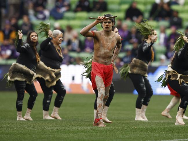 MELBOURNE, AUSTRALIA - JUNE 11: Indigenous dancers perform during a welcome to country before the round 15 NRL match between Melbourne Storm and Cronulla Sharks at AAMI Park on June 11, 2023 in Melbourne, Australia. (Photo by Daniel Pockett/Getty Images)