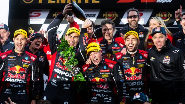 Will Brown and Scott Pye celebrate with their Triple Eight team after winning the 2024 Sandown 500. (Photo by Daniel Kalisz/Getty Images)