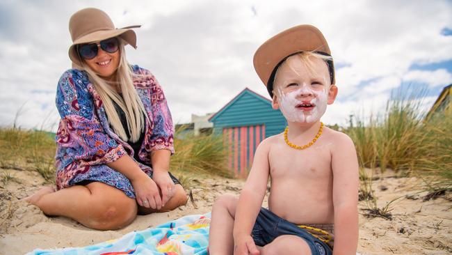 Steph Griffiths and her son Will, 2, at Chelsea Beach. Picture: Jason Edwards