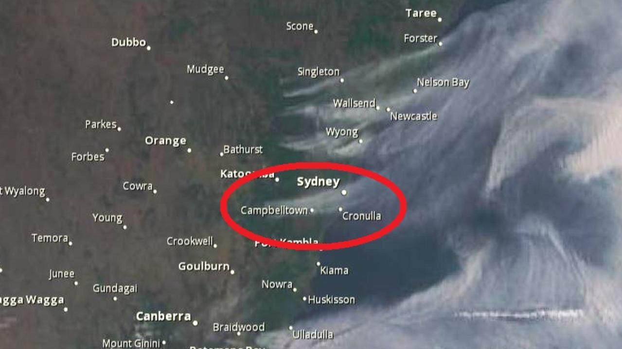 A smoke plume from a bush fire in the Blue Mountains is being blown directly across Sydney depositing ash as it goes. Picture: BOM.