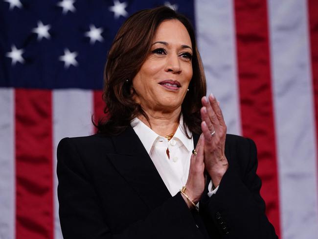 Vice President Kamala Harris stands in the House of Representatives ahead of US President Joe Biden's third State of the Union address to a joint session of Congress in the House Chamber of the US Capitol in Washington, DC, on March 7, 2024. (Photo by SHAWN THEW / POOL / AFP)