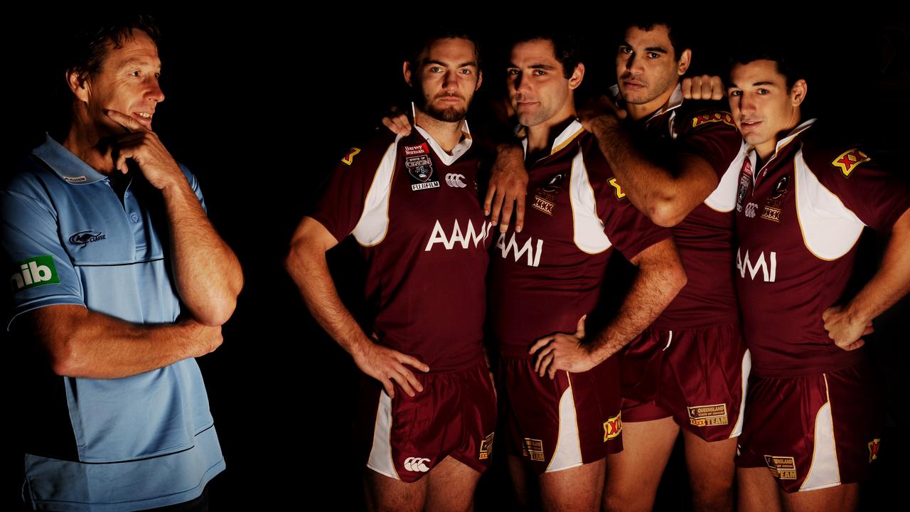 Storm coach Craig Bellamy with the four Storm players representing Queensland (from left) Dallas Johnson, Cameron Smith, Greg Inglis and Billy Slater.