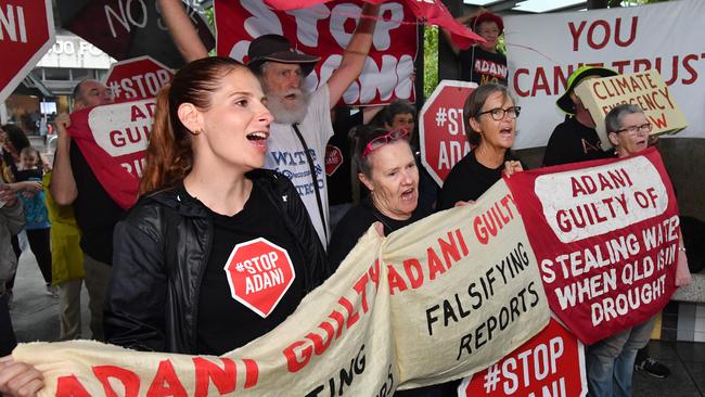 Anti-Adani protesters at the Brisbane Magistrates Court on Thursday. Picture: AAP