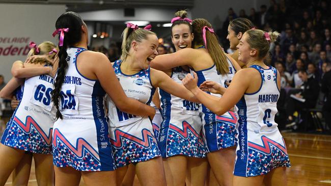 Contax celebrates its Reserves grand final win. Picture: On the Ball Media/Netball SA