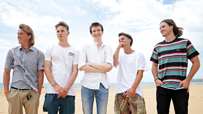 Hamish Wyllie, Bryn Reid, Sunny Blayney, Lleyton Reece and Dylan Ferguson at North Narrabeen Beach. Picture: Adam Yip / Manly Daily