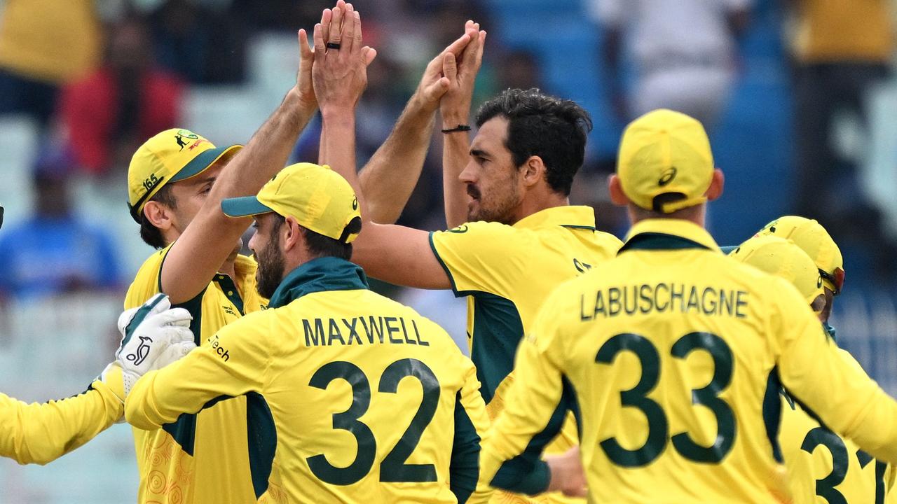 Mitchell Starc celebrates after the wicket of Bavuma. (Photo by Arun SANKAR / AFP