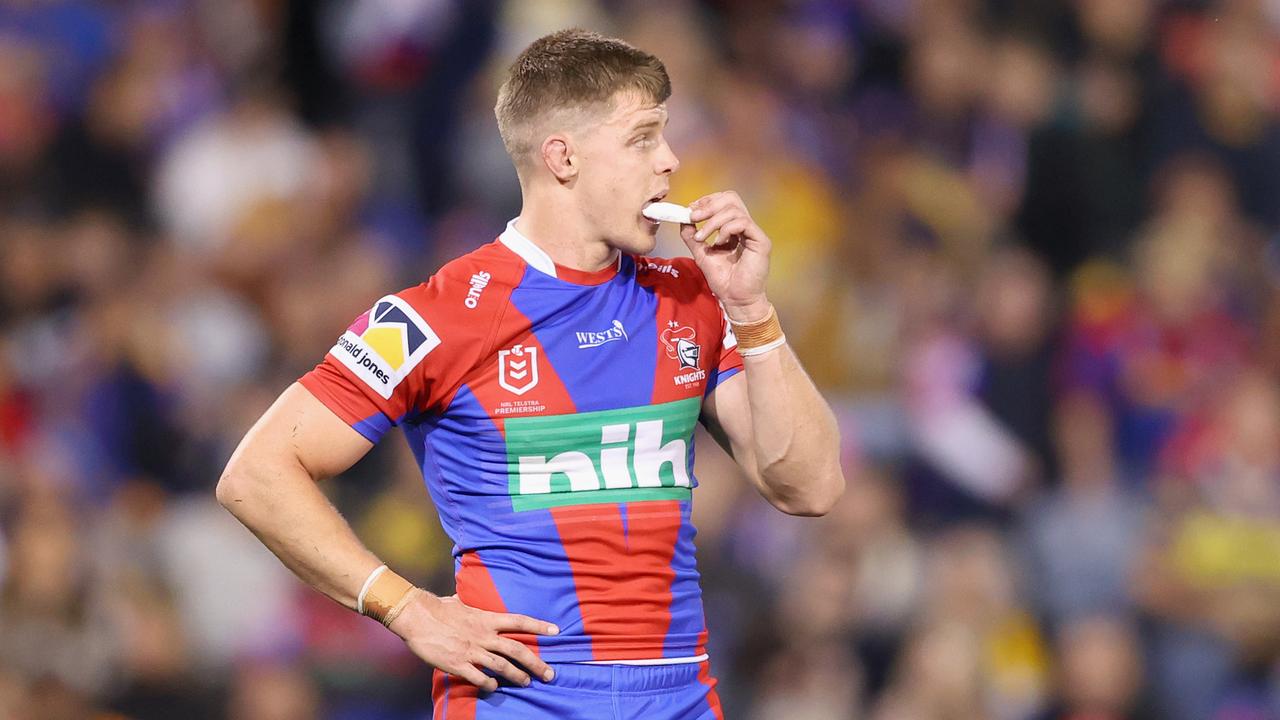 NEWCASTLE, AUSTRALIA - JUNE 06: Jayden Brailey of the Knights looks on during the round 13 NRL match between the Newcastle Knights and the Parramatta Eels at McDonald Jones Stadium, on June 06, 2021, in Newcastle, Australia. (Photo by Ashley Feder/Getty Images)