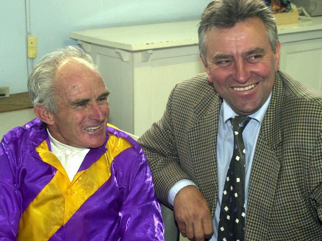 Kevin Wynne with trainer Eric Musgrove in the first aid room at Cheltenham in South Australia in 2002.