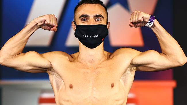 A supplied image obtained on Thursday, June 25, 2020, shows Australia's Jason Moloney after weighing in at MGM Grand casino, Las Vegas, USA. (AAP Image/Supplied by Top Rank, Mikey Williams) NO ARCHIVING, EDITORIAL USE ONLY