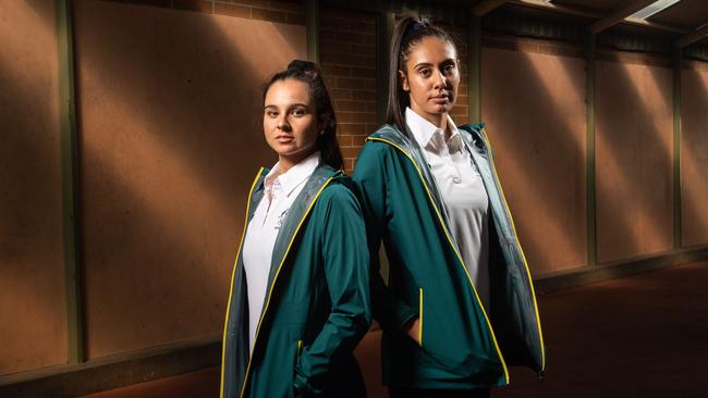 Beach volleyballers Mariafe Artacho del Solar and Taliqua Clancy with their new uniforms for the Tokyo Olympics in 2020. Picture: Brad Fleet