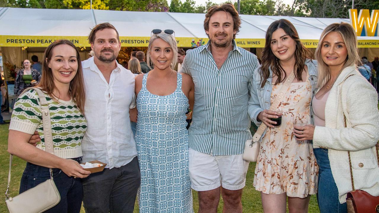 (From left) Rosie Bertello, Mark Bertello, Sarah McVeigh, Rohan McVeigh, Brianna Brooks-Veivers and Sheree Gillies. Toowoomba Carnival of Flowers Festival of Food and Wine. Friday, September 13, 2024. Picture: Nev Madsen