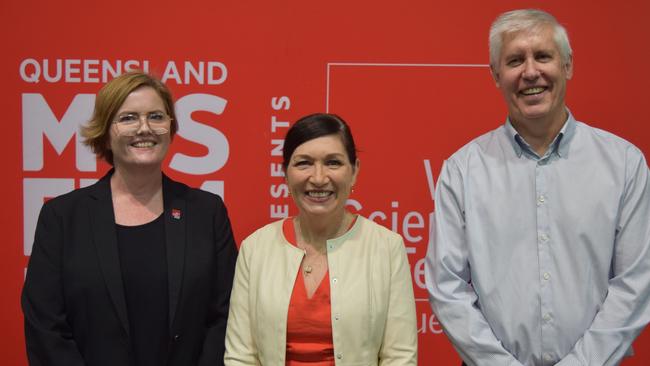 Cathy James, Minister Leeanne Enoch, and Dr Jim Thompson. Picture: Dacia Stewart