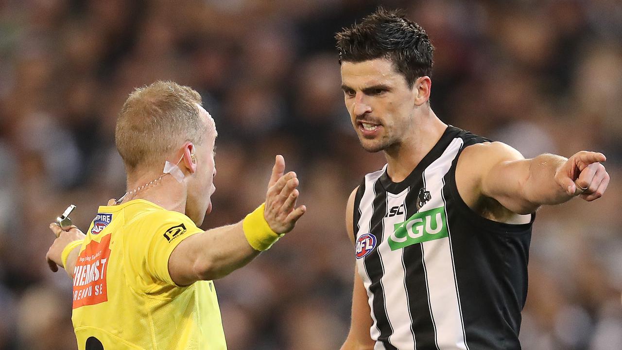 Scott Pendlebury might have to tone down his approach to the umpires this year. Picture: Michael Klein.