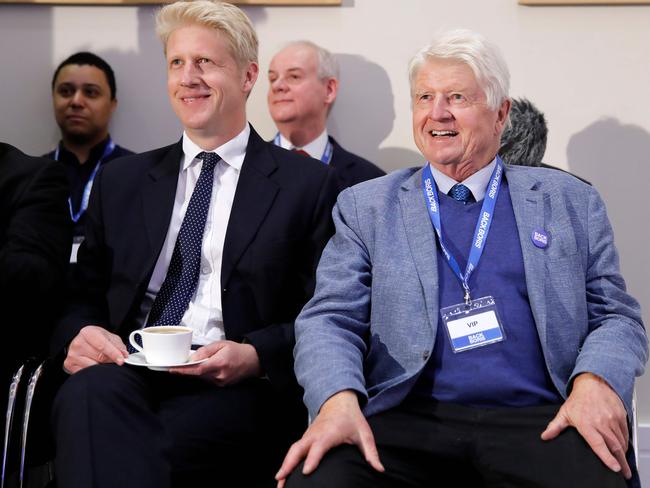 Jo Johnson, and his father Stanley Johnson watch on as Boris Johnson launched his bid for British PM. Picture: AFP