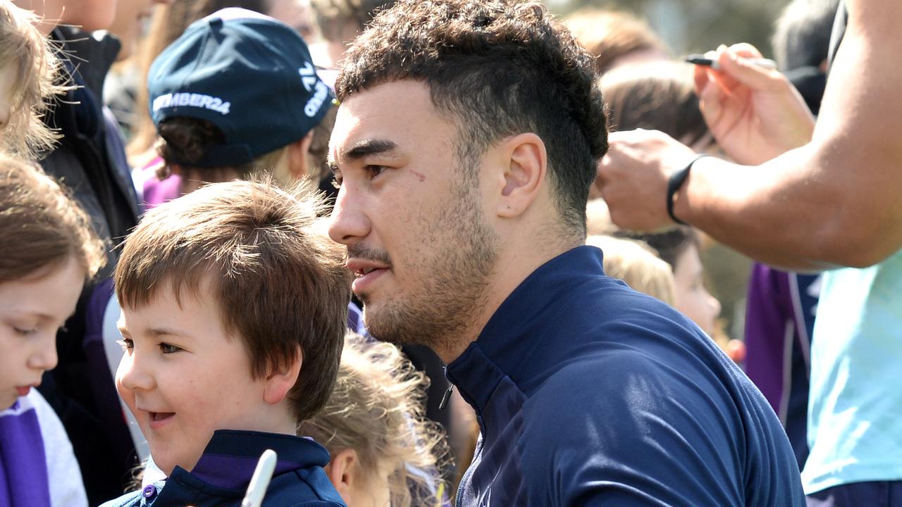 Melbourne Storm player Joe Chan at the open training session before heading to Sydney for the NRL Grand Final this weekend. Picture: Andrew Henshaw