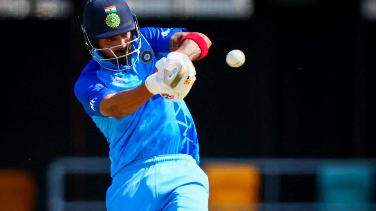 India's KL Rahul hooks Australia's Pat Cummins on his way to 57 runs at the top of the order. Picture: Patrick Hamilton/AFP