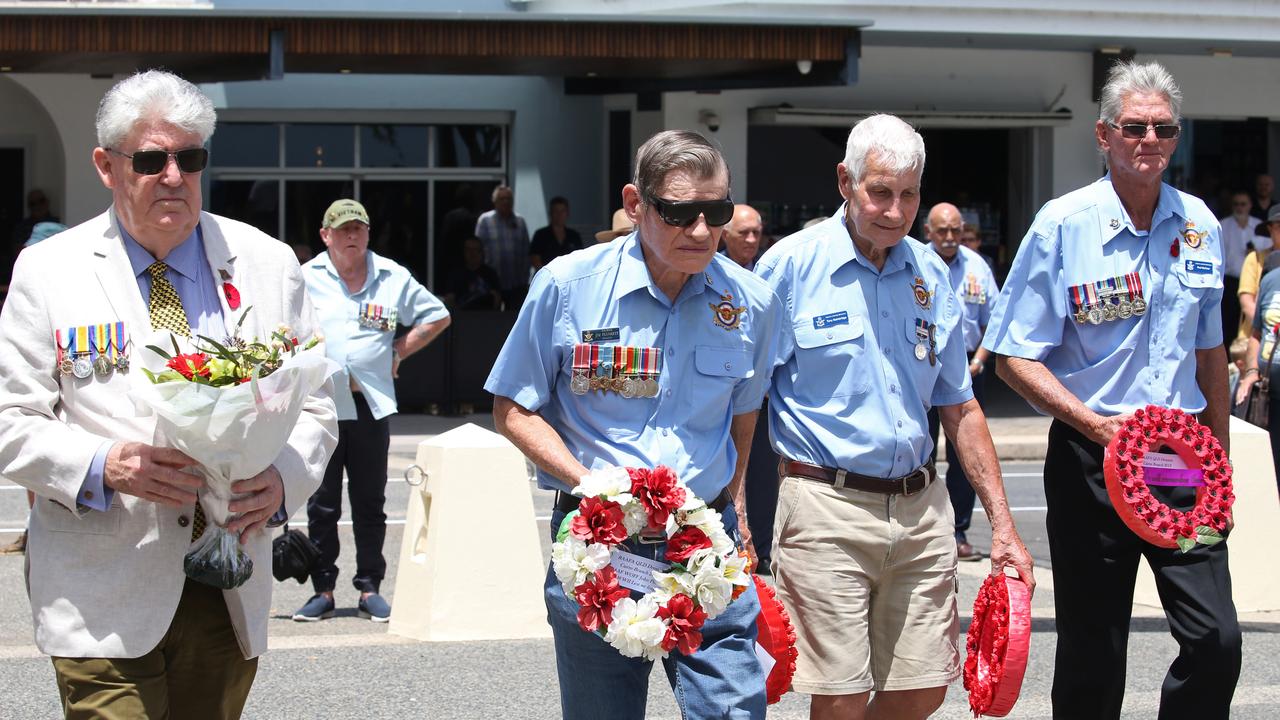 Former veterans Kevin Byrne, Jim Plunkett, Tony Bainbridge and Rod McCrae at the Remembrance Day commemorations at the Cairns Cenotaph PICTURE: ANNA ROGERS