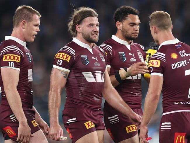 Pat Carrigan and the Maroons celebrate a try. Picture: Getty Images