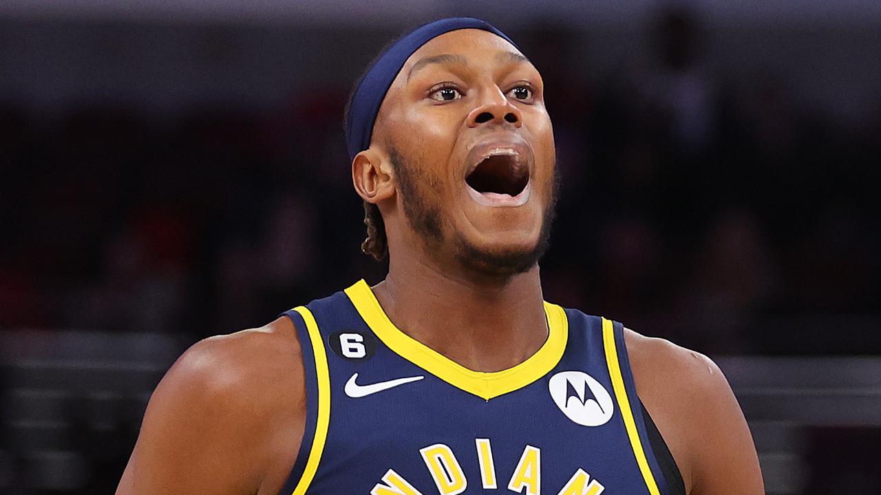 CHICAGO, ILLINOIS - OCTOBER 26: Myles Turner #33 of the Indiana Pacers reacts against the Chicago Bulls during the first half at United Center on October 26, 2022 in Chicago, Illinois. NOTE TO USER: User expressly acknowledges and agrees that, by downloading and or using this photograph, User is consenting to the terms and conditions of the Getty Images License Agreement. (Photo by Michael Reaves/Getty Images)