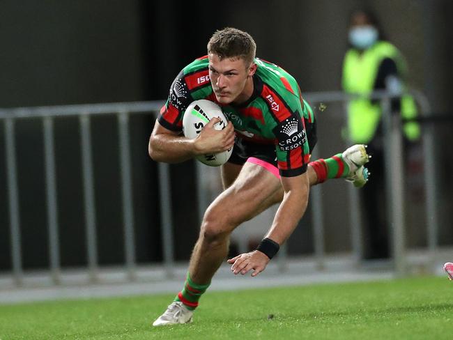South Sydney centre Campbell Graham can’t wait to take on former schoolboy teammate Stephen Crichton when the Rabbitohs clash with Penrith in Saturday’s preliminary final. Picture: Phil Hillyard