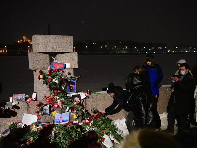 A makeshift memorial for Alexei Navalny organised at the monument to the victims of political repressions in Saint Petersburg. Picture: AFP