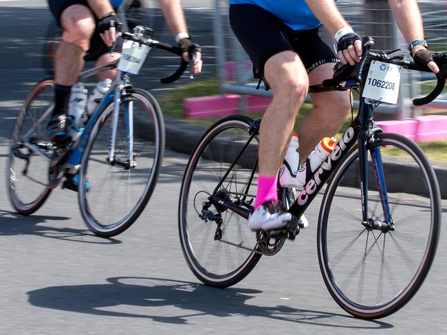 Competitors finish the Around the Bay charity ride at the Alexandra Gardens in Melbourne on Sunday 11th October, 2015. Picture: Mark Dadswell