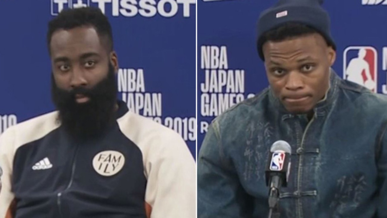 James Harden and Russel Westbrook at the press conference in question. They were stopped from answering questions on Hong Kong and China. Picture: CNN