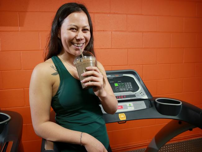 Gym goer Kiara Puna-Townsend tries a new anti-ageing smoothie. Picture: Toby Zerna