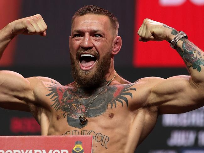 LAS VEGAS, NEVADA - JULY 09: Conor McGregor poses during a ceremonial weigh in for UFC 264 at T-Mobile Arena on July 09, 2021 in Las Vegas, Nevada. (Photo by Stacy Revere/Getty Images)