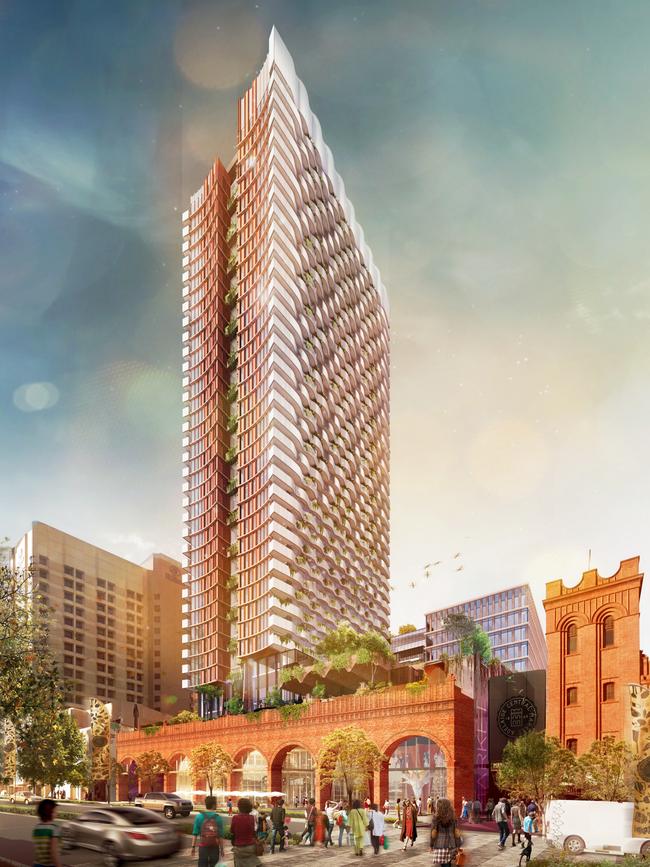 The 35-level apartment tower planned across Grote St on the site of the Adelaide Central Market Arcade.