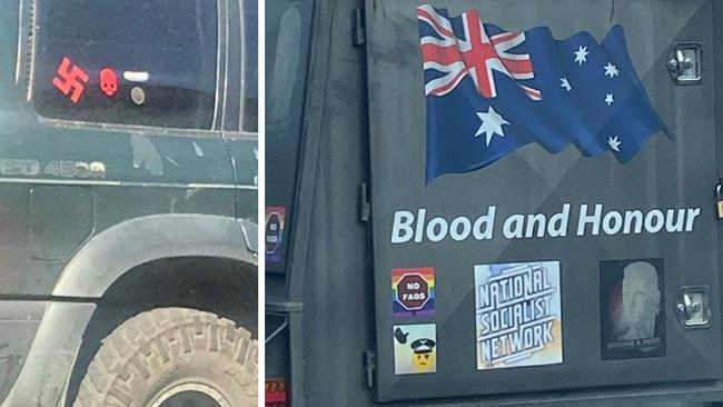 Victorian drivers captured images of Nazi stickers on cars. Left: A swastika sticker at a California Gully Macdonald’s drive through, at Bendigo on Saturday April 17. Right: A trailer covered in Nazi imagery on the Tullamarine Freeway, at Brunswick West, on Thursday April 15. Pictures: Contributed