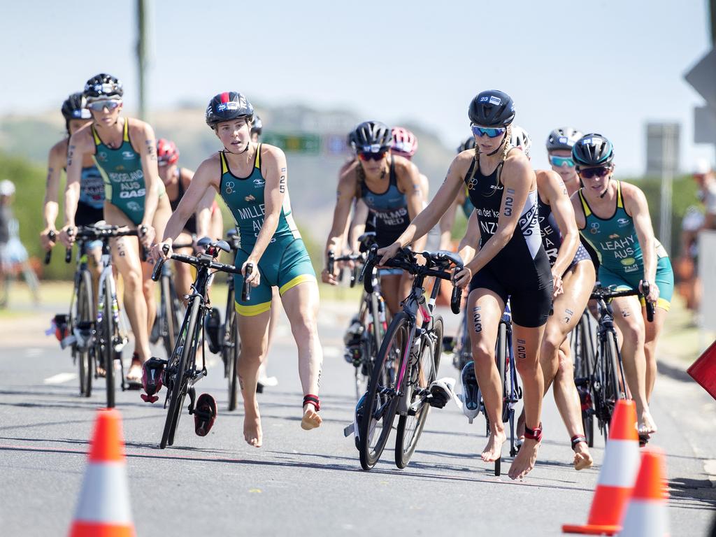 Nicole Van Der Kaay NZ finishes the cycle leg of the Women's Elite &amp; U23 Devonport Triathlon. PICTURE CHRIS KIDD