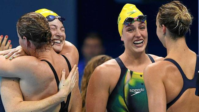 CHAMPION EFFORT: Sunshine Coast product Brittany Elmslie, third from left, claimed plenty of medals on the international stage. She is pictured with Bronte Campbell, Cate Campbell, and Emma McKeon after winning the 4x100 freestyle relay at the Rio Olympics in 2016.