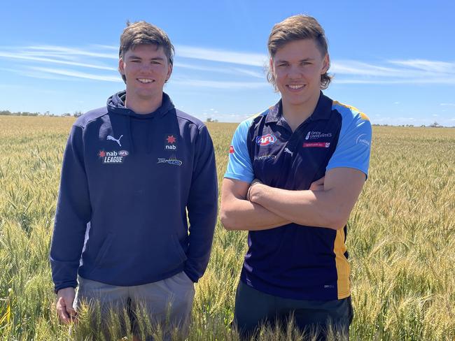 Twins Hugh (left) and Cooper Hamilton on the family’s farm a Colbinabbin.