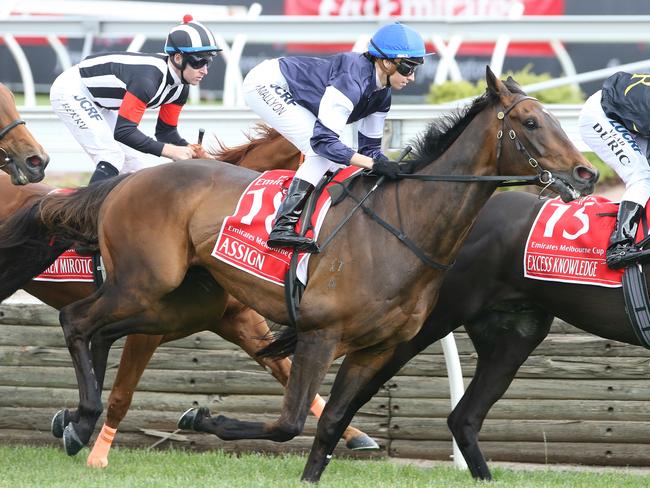 Assign and Katelyn Mallyon as they leave the straight on the first occasion. Picture: Wayne Ludbey