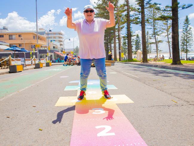 A rainbow hopscotch game on The Esplanade at Dee Why Beach. Picture: Northern Beaches Council