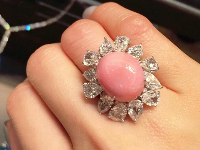 This conch pearl ring is encrusted with dazzling 16 carat diamonds.