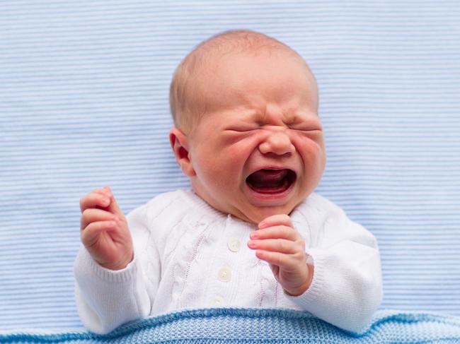 Newborn crying baby boy. New born child tired and hungry in bed under blue knitted blanket. Children cry. Bedding for kids. Infant screaming. Healthy little kid shortly after birth. Cable knit textile  - Picture istock