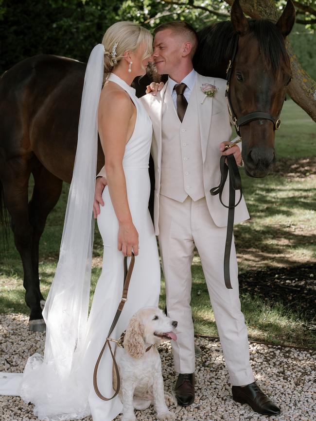 Jamie Kah and Ben Melham celebrated their wedding with horse Brax and dog Bubbles. Picture: Katie Harmsworth