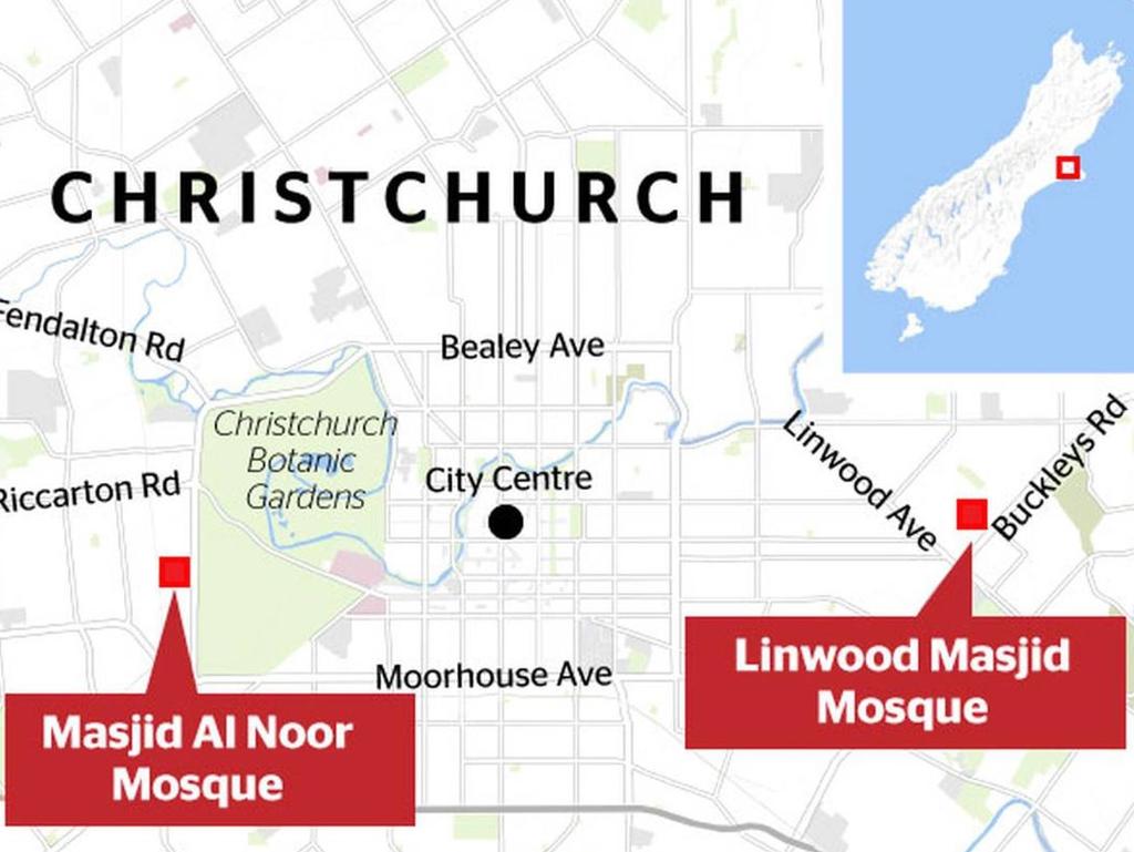 Tarrant hit the Al Noor mosque at 1.40pm and then the Linwood mosque at 1.52pm and Christchurch mosque shooting location map. Picture: NZ Herald