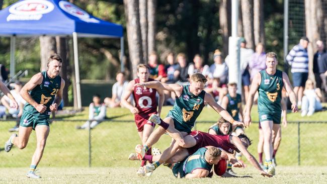 Tasmania captain Brad Cox-Goodyer attempts to gather possession during the Tasmania v Queensland 2024 representative clash at Bond University on June 22, 2024. Picture: Aaron Black.